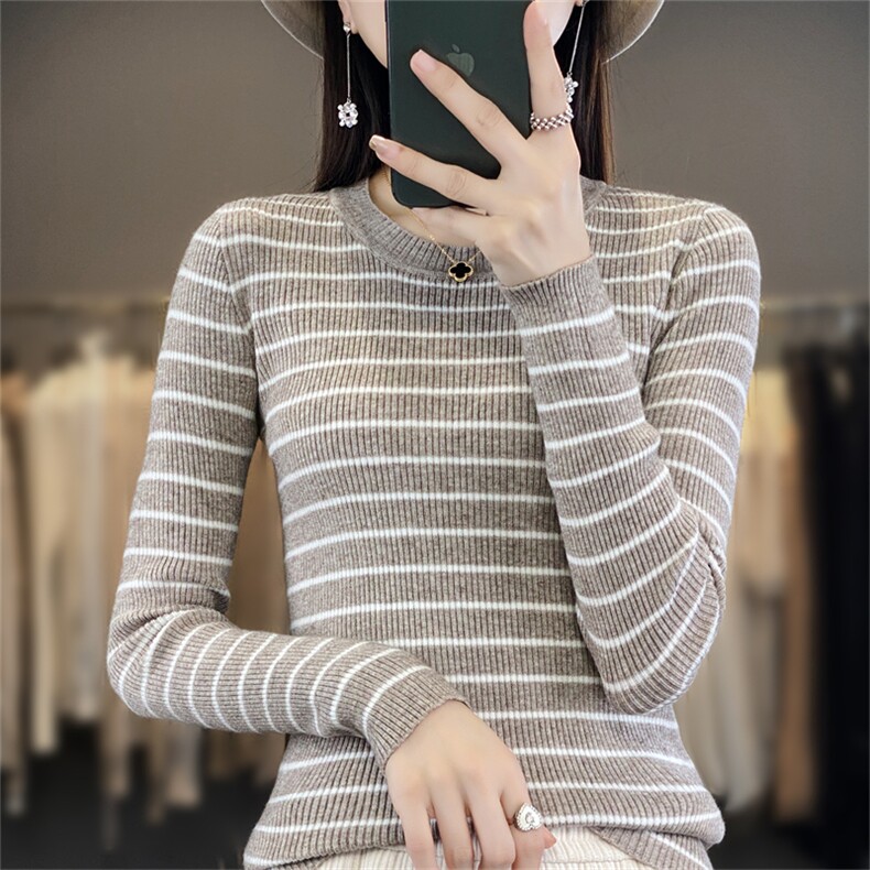 打底衫女2025新款春秋修身条纹内搭洋气针织上衣大码女装秋冬毛衣,针织衫/毛衣,斯美雅安迪绒