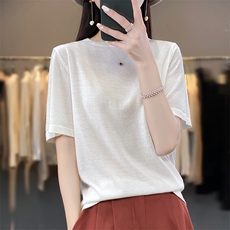 精纺细支羊毛针织短袖t恤女宽松圆领背心西装内搭上衣夏新款半袖，女装羊毛衫，丹芙娇羊绒