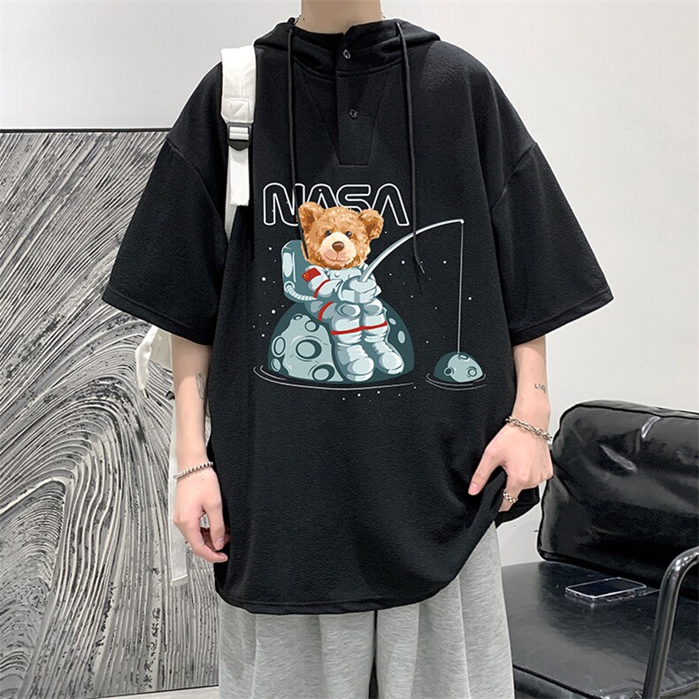 LD54251-P45连帽短袖t恤男大码胖子带帽五分袖中袖大皂风,男装T恤,电商A040
