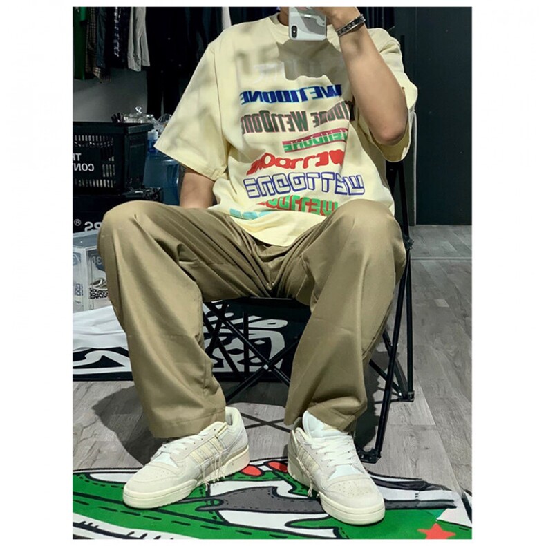 抖音得物供货210克宽松纯棉美式潮牌印花宽松落肩袖纯棉T恤AT2104,男装T恤,电商A443