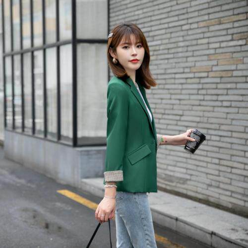 【新款现货】秋季拼格绿色气质小西装，女装西装，水锦红