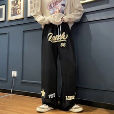 美式复古炸街休闲裤男ins直筒潮牌街头宽松情侣阔腿长裤K446-p42，男装休闲裤，星座1008-1