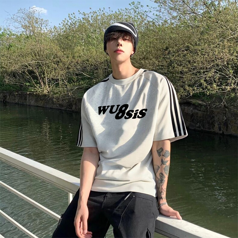 抖音得物高品质二开240克宽松纯棉美式潮牌三条杠织带短袖T恤，男装T恤，电商A486-1