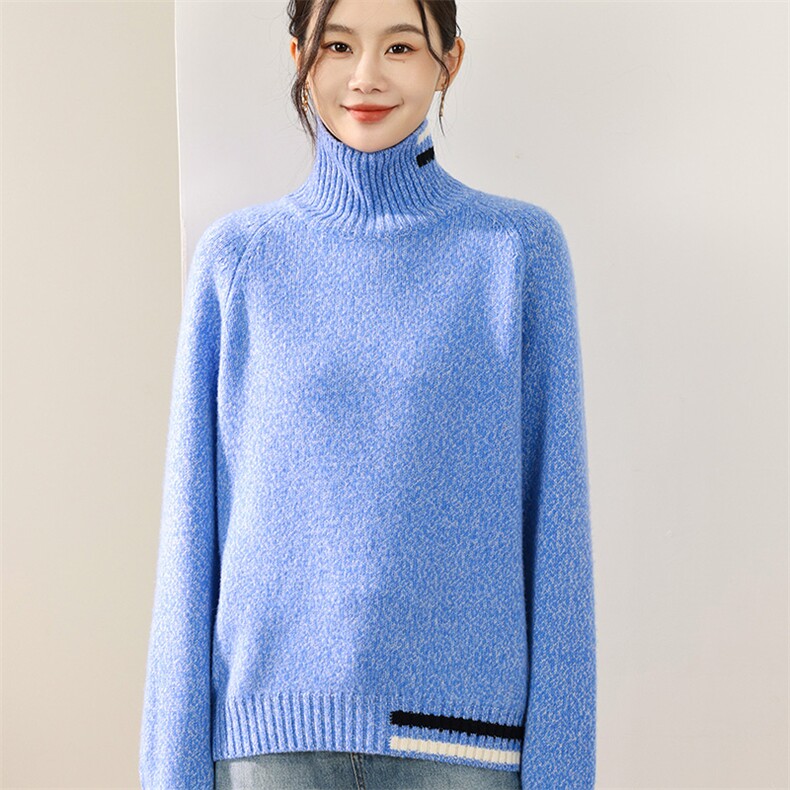 2025年秋季新款百搭女士花纱高领纯色羊毛衫,女装羊毛衫,狄美羊绒
