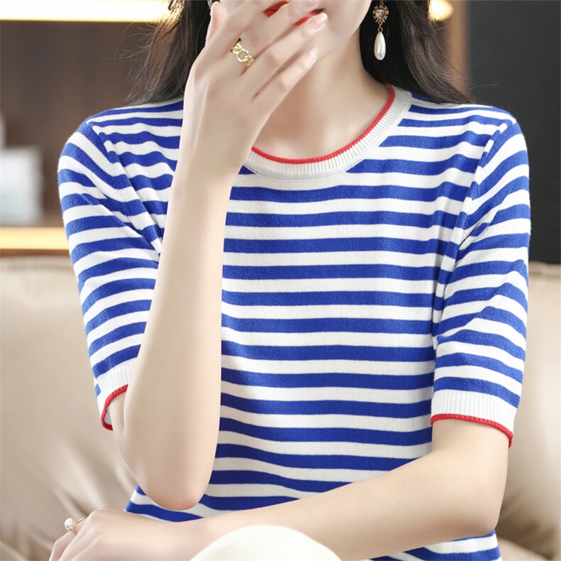 2022夏季新款圆领蓝白色条纹短袖纯棉T恤女士海魂衫宽松韩版上衣,针织衫/毛衣,斯美雅电商供货