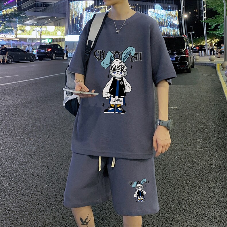 ！2024夏季新款潮牌青少年华夫格短袖套装学生一套HTZ52P50,男装T恤,电商B220