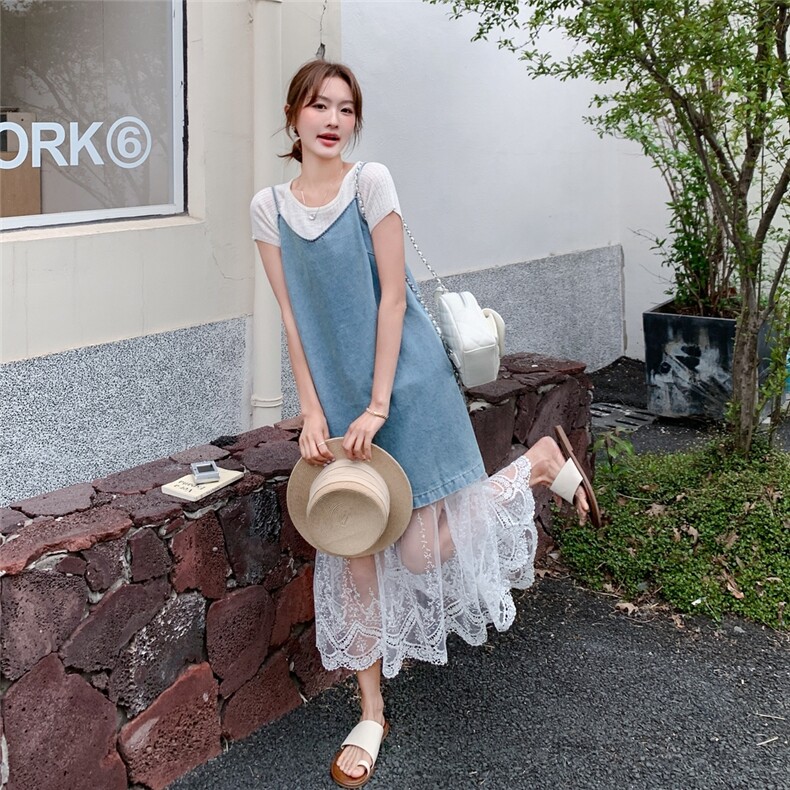 蕾丝网纱拼接牛仔吊带连衣裙套装女2025夏季新款设计感T恤两件套图片