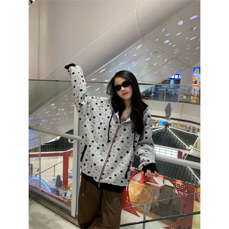 网图美式星星满印连帽华棉卫衣男女宽松拉链开衫外套A825-P52,女装短外套,星座1505