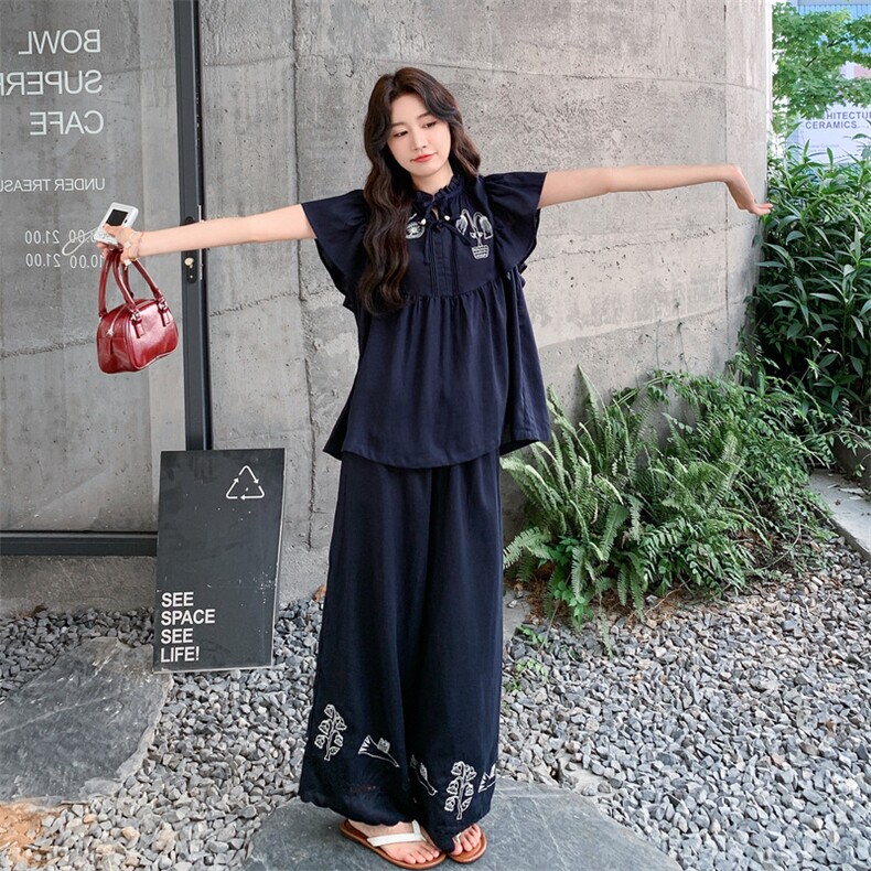 复古重工刺绣两件套装女2025年夏季新款小众气质上衣休闲阔腿长裤,女装套装/套裙,浙宝290（原306）