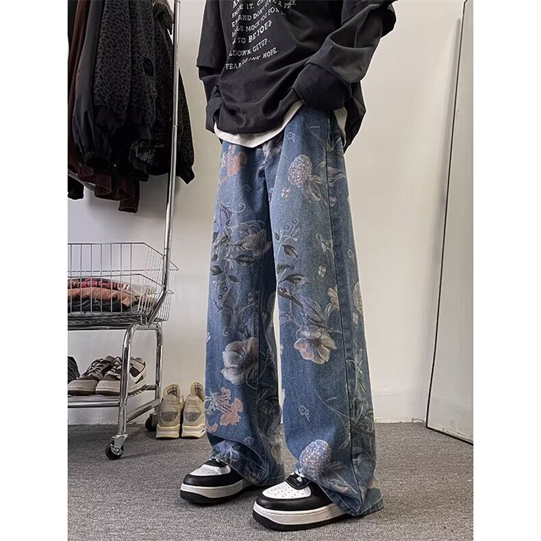 复古印花牛仔裤男夏季设计款阔腿潮牌炸街痞帅裤子1001-1H100-P53图片