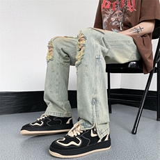B221美式ins高街暗黑小众喷墨拉链破洞牛仔裤LK23085-P65控88，男装牛仔裤，电商B221