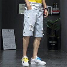 2021夏新日系大码男新灰墙潮流破洞刮烂乞丐裤牛仔短裤ND8129-P40，男装牛仔裤，电商A001