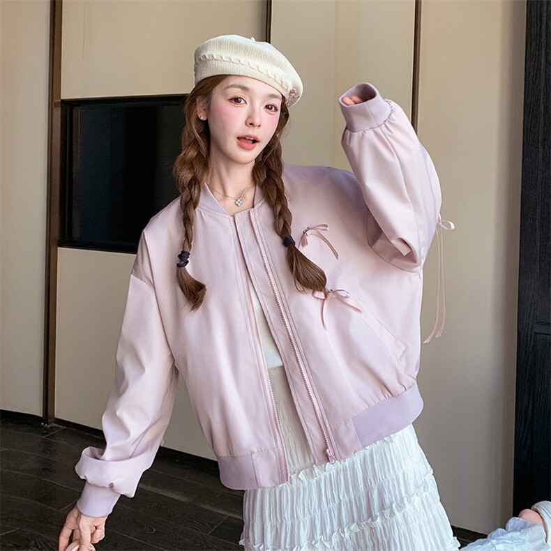 粉色蝴蝶结棒球服外套女春季2025年新款小个子设计感短款夹克上衣图片