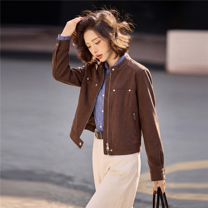 鹿皮绒女外套小个子短外套皮衣2026年春季女士拉链25-29周岁,女装短外套,悦祺