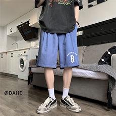 港风夏季新款宽松鹿皮绒印花纯色运动裤男女短裤K6105P25控38，男装牛仔裤，电商A268A