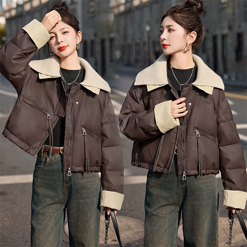 2024冬季新款时尚女装短款羽绒服保暖显瘦白鸭绒外套潮流百搭针织拼接设计，女装羽绒服，曼慕纤衣