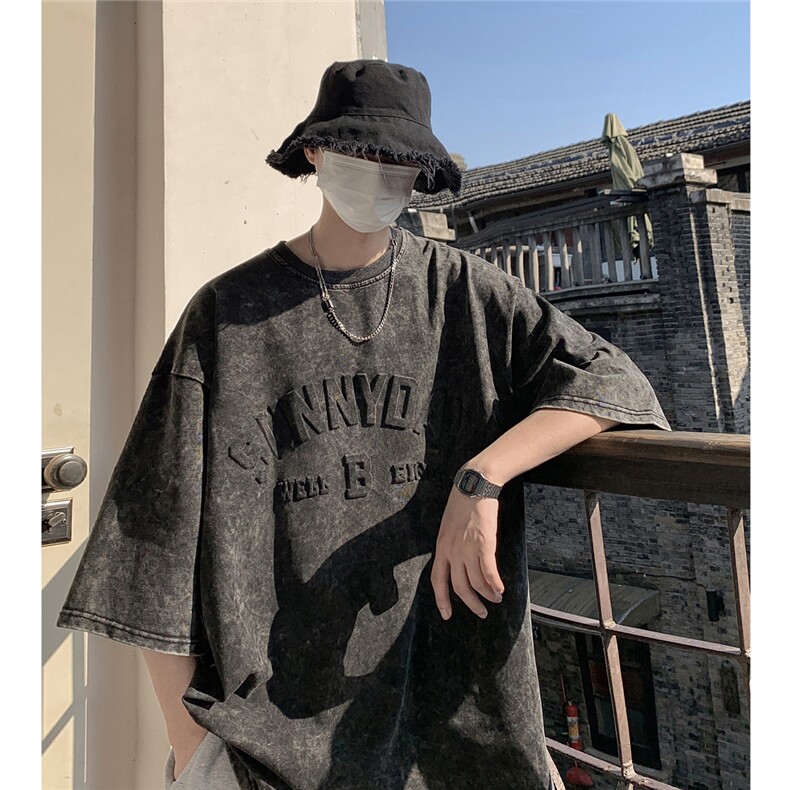 港风立体钢印花圆领落肩水洗T恤短袖五分半袖打底衫XT19-P40控58图片