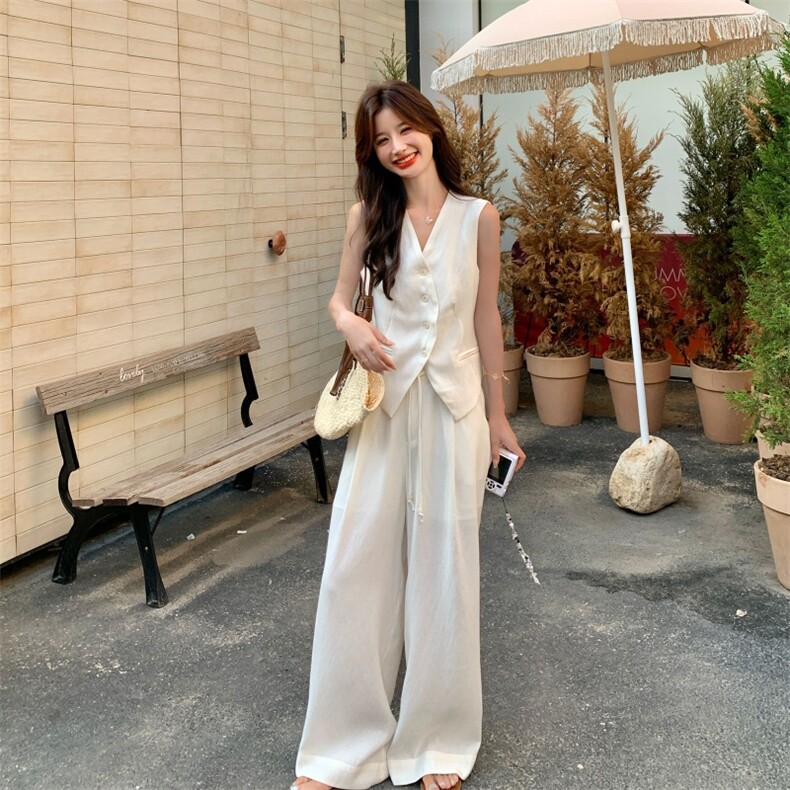 高级感时尚气质马甲套装女2025夏季新款通勤休闲高腰阔腿裤两件套,女装套装/套裙,欣美人