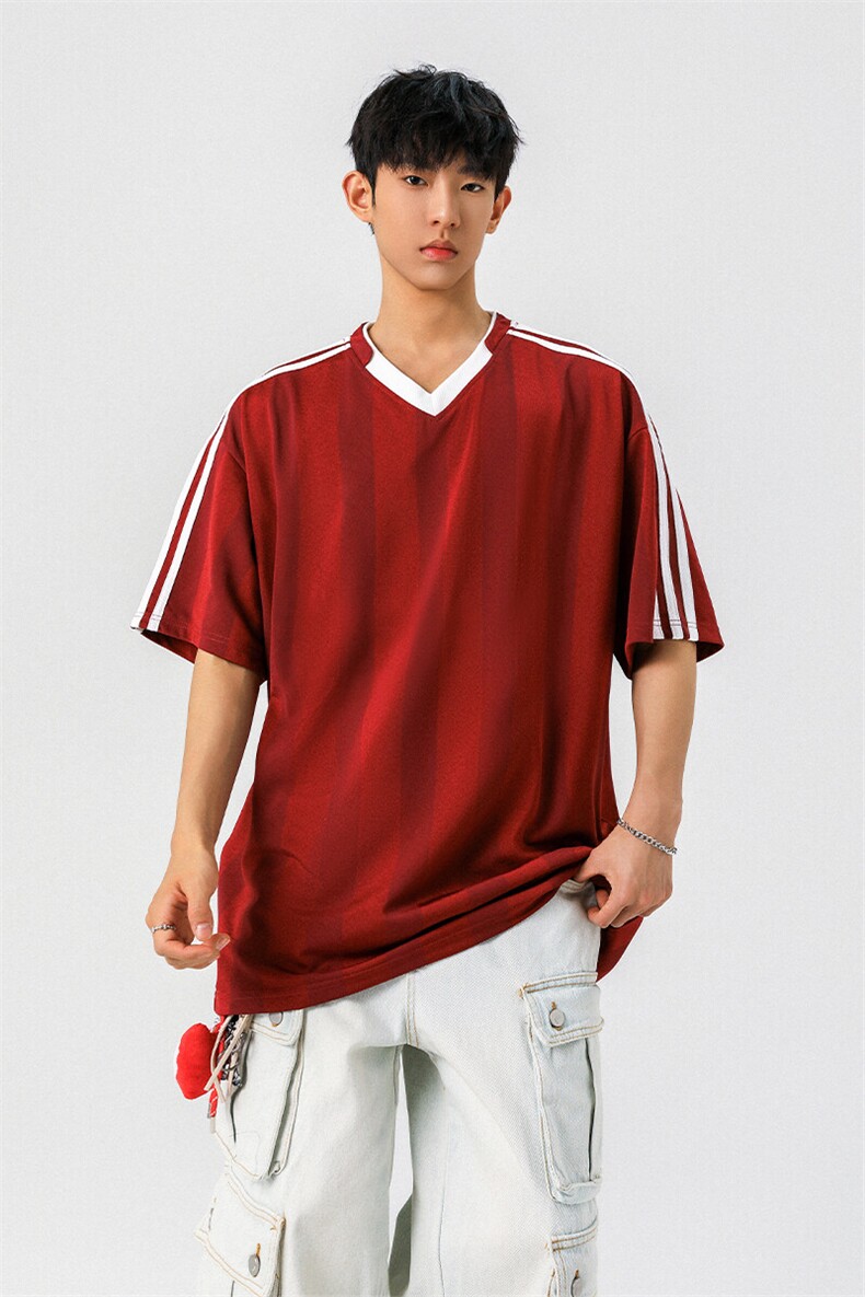 可二开美式复古条纹运动球衣男大码M-5XL短袖T恤男DX78018P45控75,男装T恤,星座226-1
