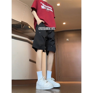 黑色铆钉短裤男款夏季薄款美式工装裤褶皱冲锋五分裤X146-P35图片