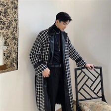 小香风黑白粗花编织呢大衣时尚拼接PU皮中长大衣A452--1971，男装毛呢大衣，电商A452
