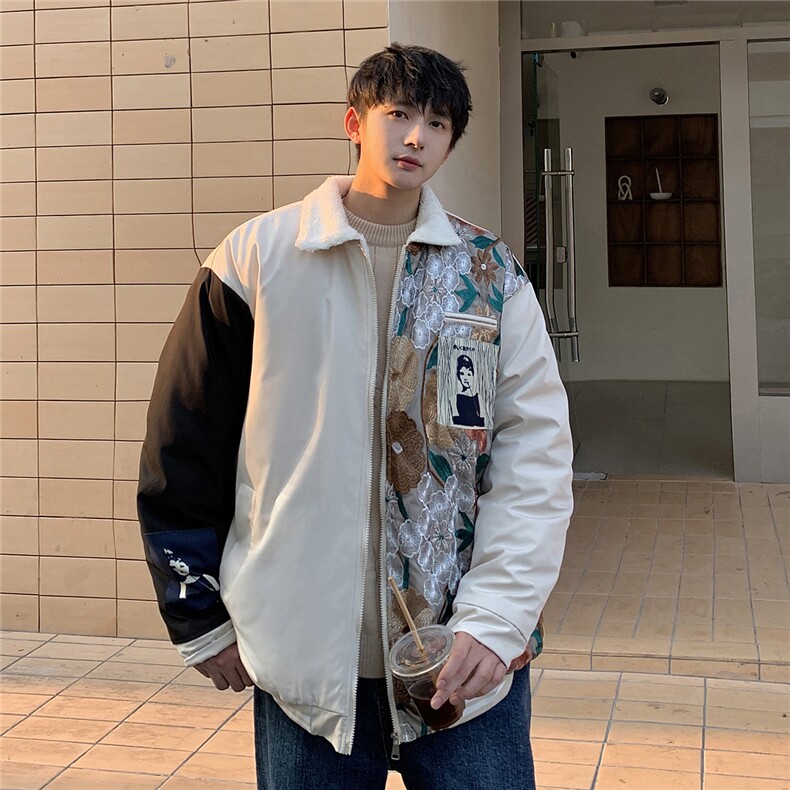 1港风外景刺绣拼接翻领羊羔毛大码M-5XL棉衣外套男8723P110控148,男装棉衣,星座226-2