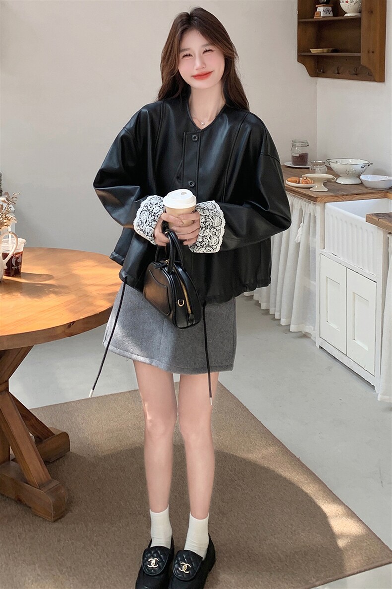 蕾丝拼接黑色皮衣外套女秋季高级感网红圆领pu皮夹克小个子,女装皮衣,2C198