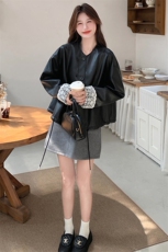 蕾丝拼接黑色皮衣外套女秋季高级感网红圆领pu皮夹克小个子，女装皮衣，2C198