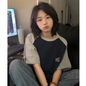 美式街头撞色拼接短袖t恤宽松oversize学院风领口包边CJ03P30