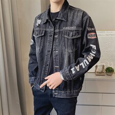 JK818-p90-限价138 现货店主风牛仔夹克肥仔量足破洞印花大码图片