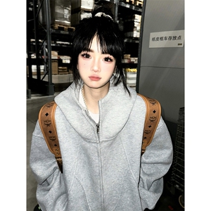 抖音得物高品质二开 26春装美式高街重磅结构高领连帽卫衣外套W62图片