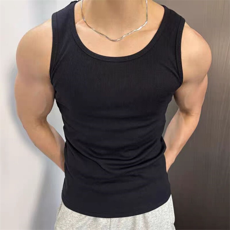 重磅弹力透气螺纹背心男款打底t恤弹性健身运动310A-4-BX66-P13图片