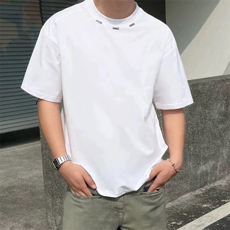 抖音得物品质二开240克宽松纯棉美式高街痞帅潮牌金属装饰短袖T恤,男装T恤,电商A486