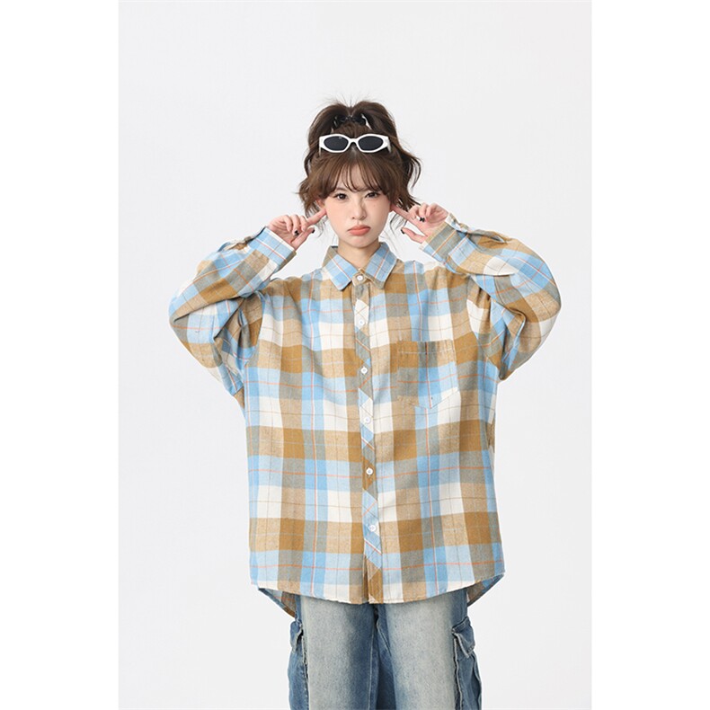 港风格子衬衫宽松外套男女衬衣百搭格子衬衫外套CS2473P35,男装衬衫,电商A128
