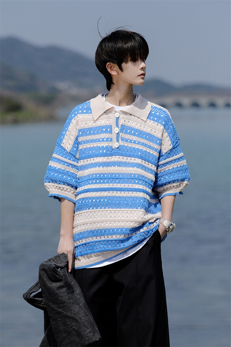 8XL-M特大码美式复古条纹撞色针织POLO衫翻领休闲短袖TDX311P35,男装T恤,电商D206-1