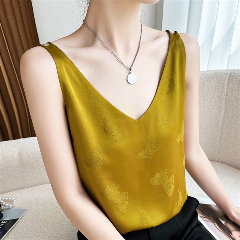 高级感真丝吊带背心女内搭醋酸上衣打底设计感提花V领背心配西装,女装背心吊带,朝贺羊绒