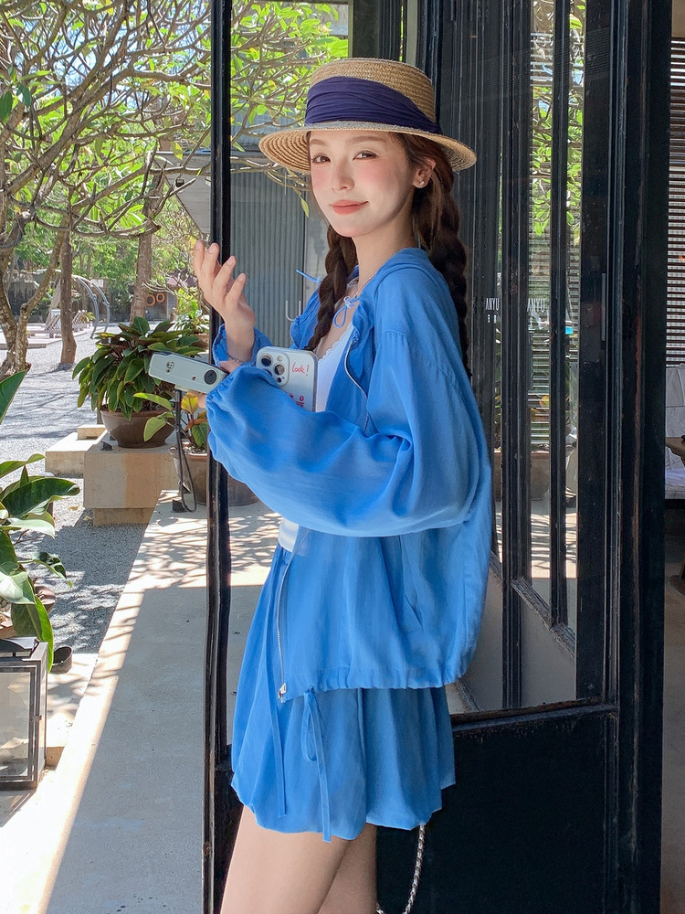 率性轻薄防晒套装裙女夏季2025新款时髦感连帽上衣半身短裙两件套,女装套装/套裙,千寻