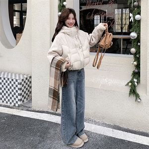 毛呢拼接羽绒服女冬季2025新款连帽保暖夹棉好看短外套图片