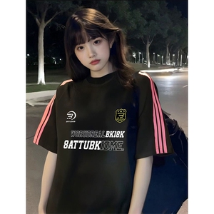 抖音得物品质二开240克宽松纯棉美式潮牌印花三条杠中性风短袖T恤