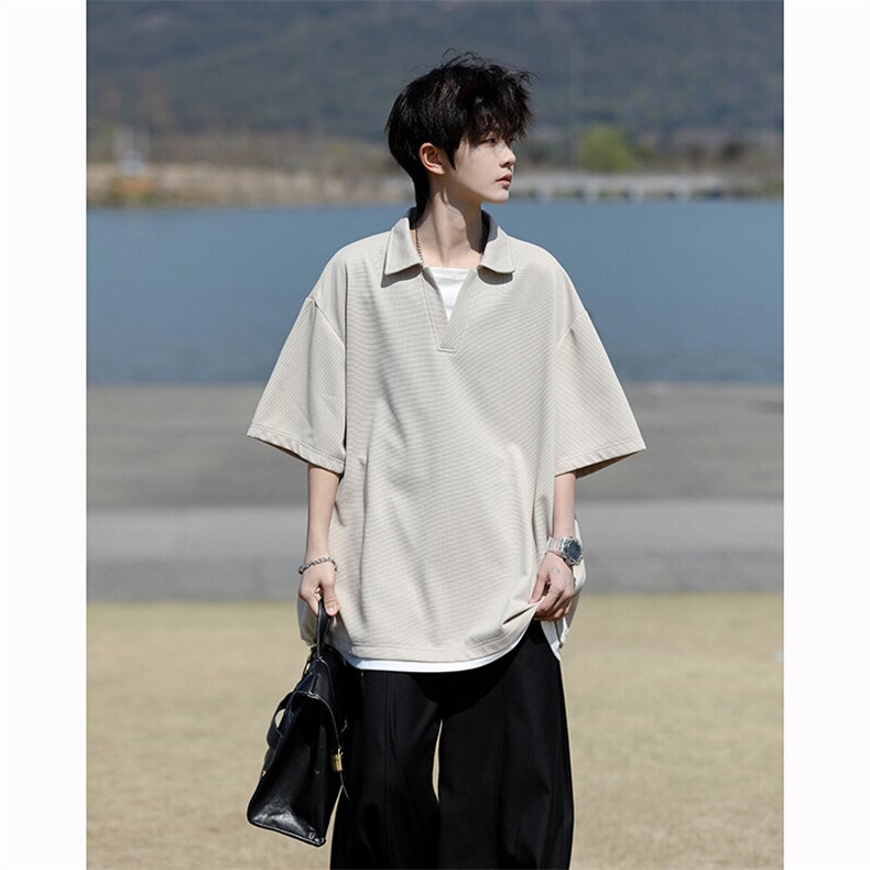 8XL-M假两件V领短袖t恤男夏翻领半袖宽松重磅华夫格大码DT001P40,男装T恤,电商B312