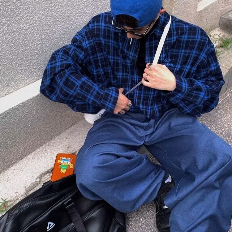 磨毛蓝色格子衬衫松弛感宽松大版复古简约小刺绣长袖薄外套,男装衬衫,星座218-1（原230）