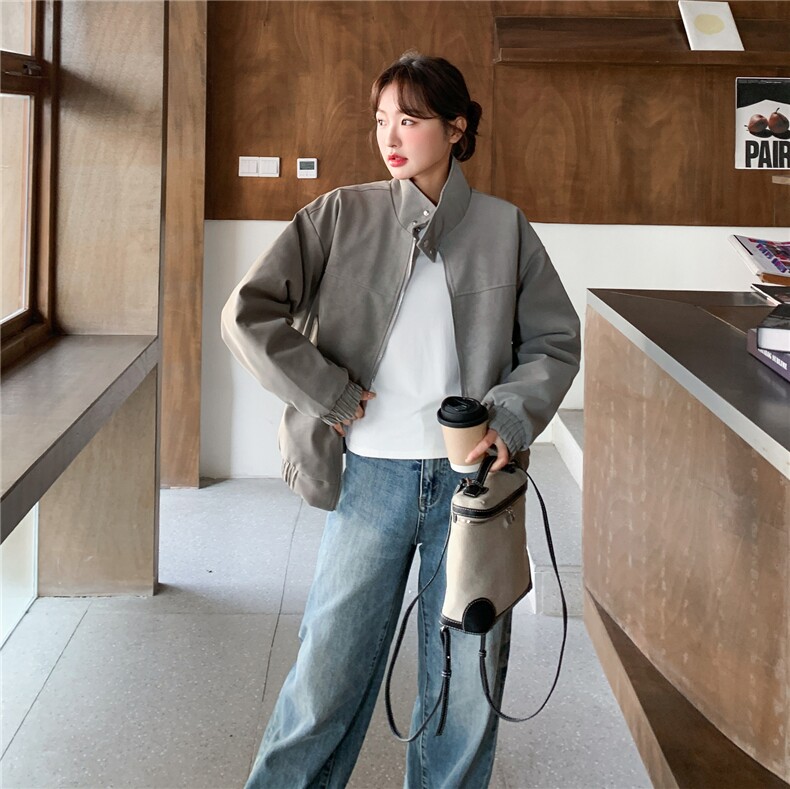 灰色设计感休闲立领外套女2026年春季新款甜酷气质超好看百搭夹克,女装短外套,2D036