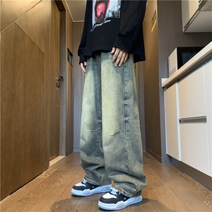 做旧牛仔裤男春秋美式复古宽松阔腿直筒拖地长裤痞帅裤子NG23-P43图片