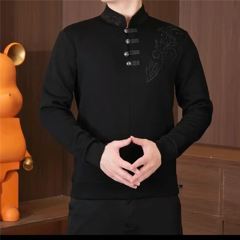 原版高货风男士加绒中山领衬衫立领修身盘扣打底衫,男装T恤,星座1602（原101B）