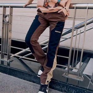 复古美式拼色工装牛仔裤男阿美咔叽做旧感机车休闲宽松直筒长裤子图片