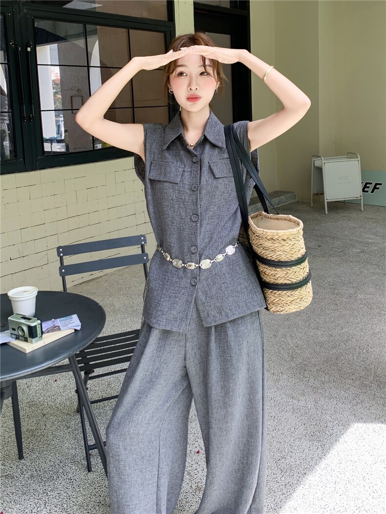 韩系高级感深灰色马甲套装女2025年夏季新款减龄显瘦阔腿裤两件套,女装套装/套裙,蝶眷