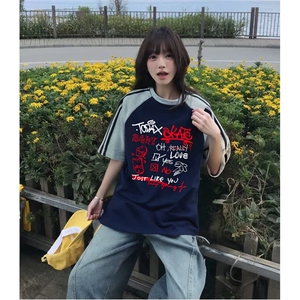 抖音得物品质二开240克宽松纯棉美式潮牌插肩三杠织带短袖T恤图片