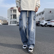 【现货】秋季新款美式复古工装口袋拼接宽松阔腿裤牛仔男816-P50，男装牛仔裤，星座1006