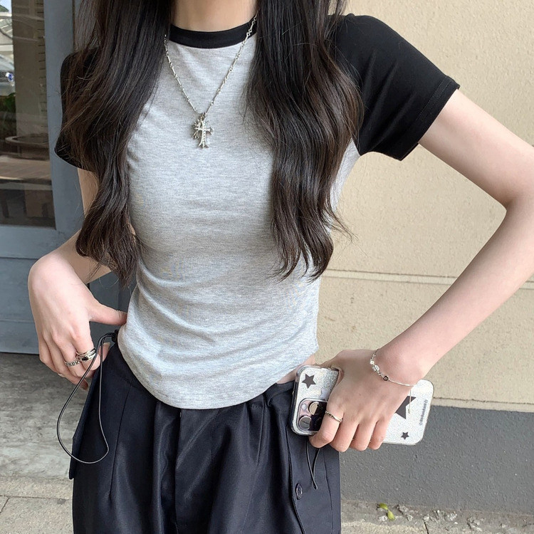 ZT9965-P33插肩袖不规则T恤小个子短款内搭修身短袖上衣,女装T恤,电商B245