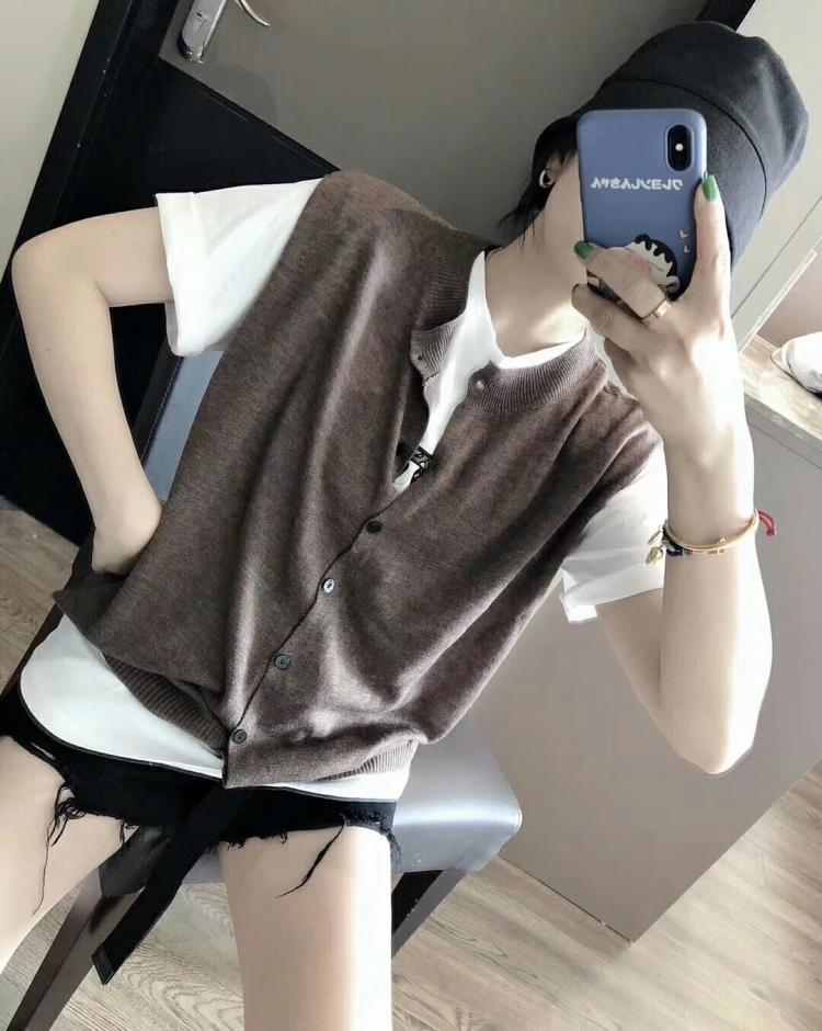 春夏新款薄针织圆领马甲开衫女叠穿宽松坎肩休闲纯棉无袖毛衣背心,针织衫/毛衣,恩泰羊绒